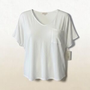 La Miel White Oversized V-Neck Pocket Tee Short Sleeve Textured Top Womens Small